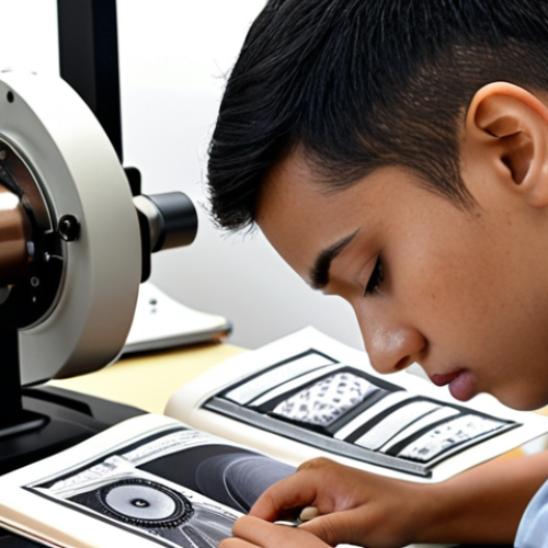Home 15 **
A focused student studying textile designs from a book with modern textile machinery in the background, showcasing the blend of theoretical knowledge and practical application.
**