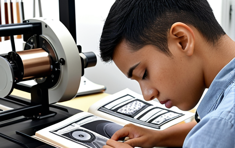 **
A focused student studying textile designs from a book with modern textile machinery in the background, showcasing the blend of theoretical knowledge and practical application.
**