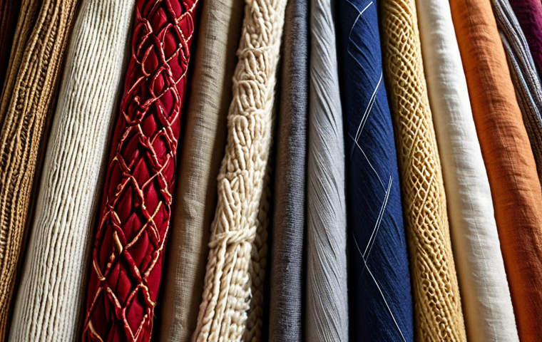**
A close-up shot of various fabric types (cotton, linen, wool, silk, polyester, nylon, acrylic) showcasing their unique textures and properties. Ideal for an educational setting about textiles.
**