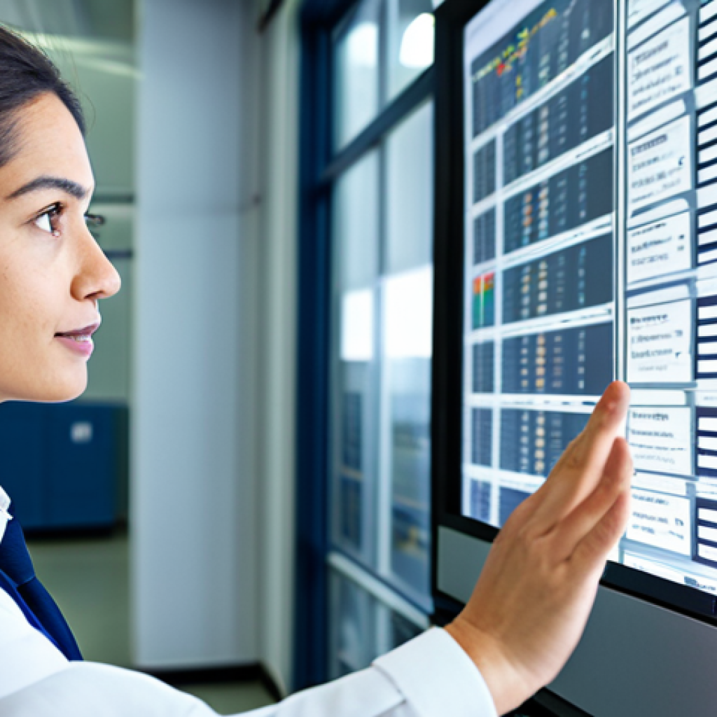A focused professional textile engineer, male or female, dressed in a modest business casual outfit, standing in a brightly lit, modern textile factory control room. They are looking intently at a large screen displaying complex production data and efficiency metrics, with a hand gesturing towards a specific detail. On a nearby desk, there are schematic diagrams and a high-quality woven textile sample. The scene conveys deep understanding, analytical problem-solving, and a professional environment. perfect anatomy, correct proportions, natural pose, well-formed hands, proper finger count, natural body proportions, fully clothed, appropriate attire, professional dress, safe for work, appropriate content, professional photography, high quality, realistic, detailed.