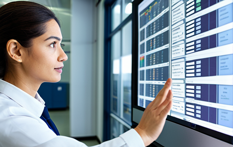 A focused professional textile engineer, male or female, dressed in a modest business casual outfit, standing in a brightly lit, modern textile factory control room. They are looking intently at a large screen displaying complex production data and efficiency metrics, with a hand gesturing towards a specific detail. On a nearby desk, there are schematic diagrams and a high-quality woven textile sample. The scene conveys deep understanding, analytical problem-solving, and a professional environment. perfect anatomy, correct proportions, natural pose, well-formed hands, proper finger count, natural body proportions, fully clothed, appropriate attire, professional dress, safe for work, appropriate content, professional photography, high quality, realistic, detailed.