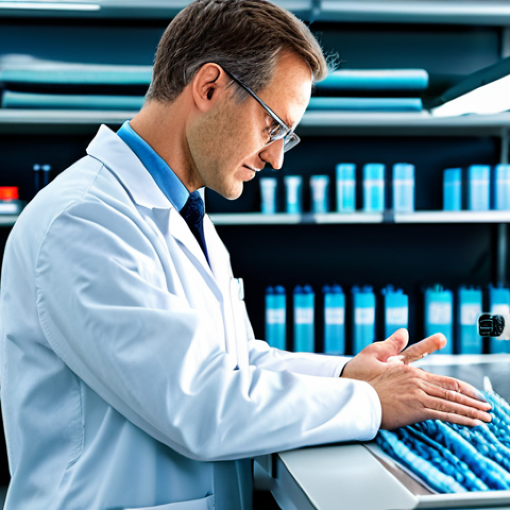 A professional textile engineer, fully clothed in a modest lab coat over professional attire, stands confidently in a bright, futuristic textile research laboratory. One hand gently touches a transparent screen displaying intricate 3D models of innovative, sustainable textile structures, such as recycled fibers or bio-based materials. On a clean workbench, various samples of advanced, eco-friendly fabrics and a microscope are visible. The background shows blurred, high-tech machinery and racks of neatly organized, labeled textile samples, emphasizing a focus on research and development. Soft, diffused lighting, high-resolution, sharp focus, professional photography, safe for work, appropriate content, fully clothed, professional, modest clothing, appropriate attire, perfect anatomy, correct proportions, natural pose, well-formed hands, proper finger count, natural body proportions, family-friendly.