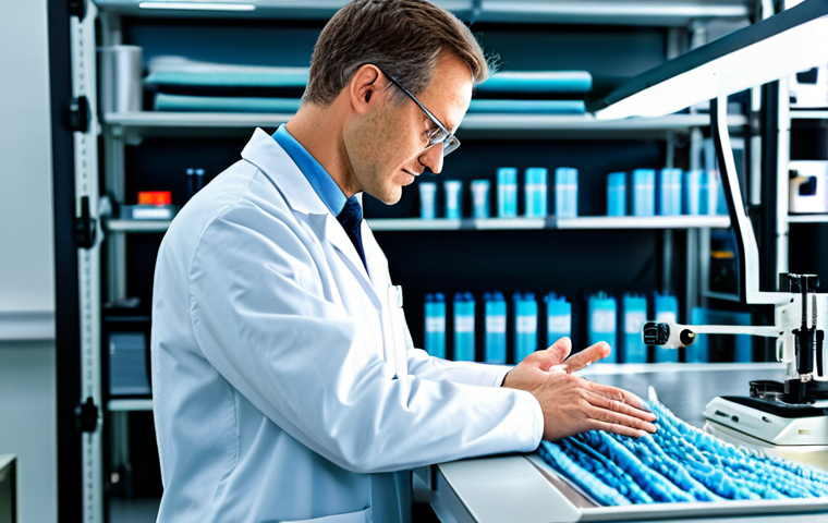 A professional textile engineer, fully clothed in a modest lab coat over professional attire, stands confidently in a bright, futuristic textile research laboratory. One hand gently touches a transparent screen displaying intricate 3D models of innovative, sustainable textile structures, such as recycled fibers or bio-based materials. On a clean workbench, various samples of advanced, eco-friendly fabrics and a microscope are visible. The background shows blurred, high-tech machinery and racks of neatly organized, labeled textile samples, emphasizing a focus on research and development. Soft, diffused lighting, high-resolution, sharp focus, professional photography, safe for work, appropriate content, fully clothed, professional, modest clothing, appropriate attire, perfect anatomy, correct proportions, natural pose, well-formed hands, proper finger count, natural body proportions, family-friendly.