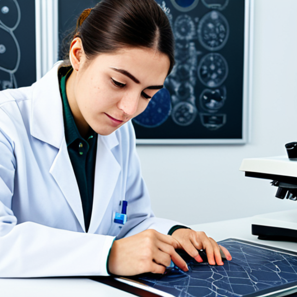 A professional female textile engineering student in a modest lab coat over appropriate attire, leaning over a clean, modern lab table, examining textile fiber samples under a microscope. Detailed concept maps and scientific diagrams are displayed on a tablet nearby. Her expression is focused and curious. The scene is set in a brightly lit university textile lab with various scientific instruments and fiber samples in the background. High-resolution, professional photography, soft studio lighting, sharp focus, perfect anatomy, correct proportions, natural pose, well-formed hands, proper finger count, natural body proportions, fully clothed, modest clothing, appropriate attire, professional dress, safe for work, appropriate content, family-friendly.