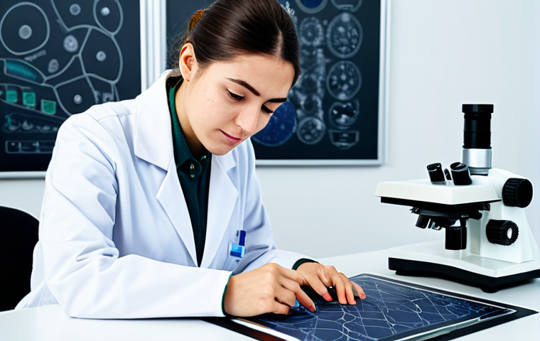 A professional female textile engineering student in a modest lab coat over appropriate attire, leaning over a clean, modern lab table, examining textile fiber samples under a microscope. Detailed concept maps and scientific diagrams are displayed on a tablet nearby. Her expression is focused and curious. The scene is set in a brightly lit university textile lab with various scientific instruments and fiber samples in the background. High-resolution, professional photography, soft studio lighting, sharp focus, perfect anatomy, correct proportions, natural pose, well-formed hands, proper finger count, natural body proportions, fully clothed, modest clothing, appropriate attire, professional dress, safe for work, appropriate content, family-friendly.
