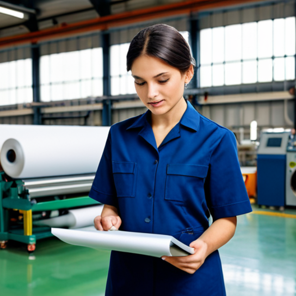 A professional textile engineer in a modest, smart work uniform, standing confidently amidst a modern, clean textile factory floor. Sophisticated machinery and large fabric rolls are visible in the bright, industrial background. The engineer is focused, perhaps reviewing a fabric sample or a technical schematic on a tablet. Professional photography, high detail, sharp focus, vibrant colors, realistic rendering, fully clothed, modest clothing, appropriate attire, professional dress, perfect anatomy, correct proportions, natural pose, well-formed hands, proper finger count, natural body proportions, safe for work, appropriate content, family-friendly.