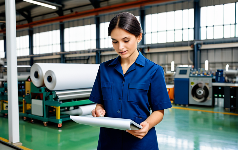A professional textile engineer in a modest, smart work uniform, standing confidently amidst a modern, clean textile factory floor. Sophisticated machinery and large fabric rolls are visible in the bright, industrial background. The engineer is focused, perhaps reviewing a fabric sample or a technical schematic on a tablet. Professional photography, high detail, sharp focus, vibrant colors, realistic rendering, fully clothed, modest clothing, appropriate attire, professional dress, perfect anatomy, correct proportions, natural pose, well-formed hands, proper finger count, natural body proportions, safe for work, appropriate content, family-friendly.