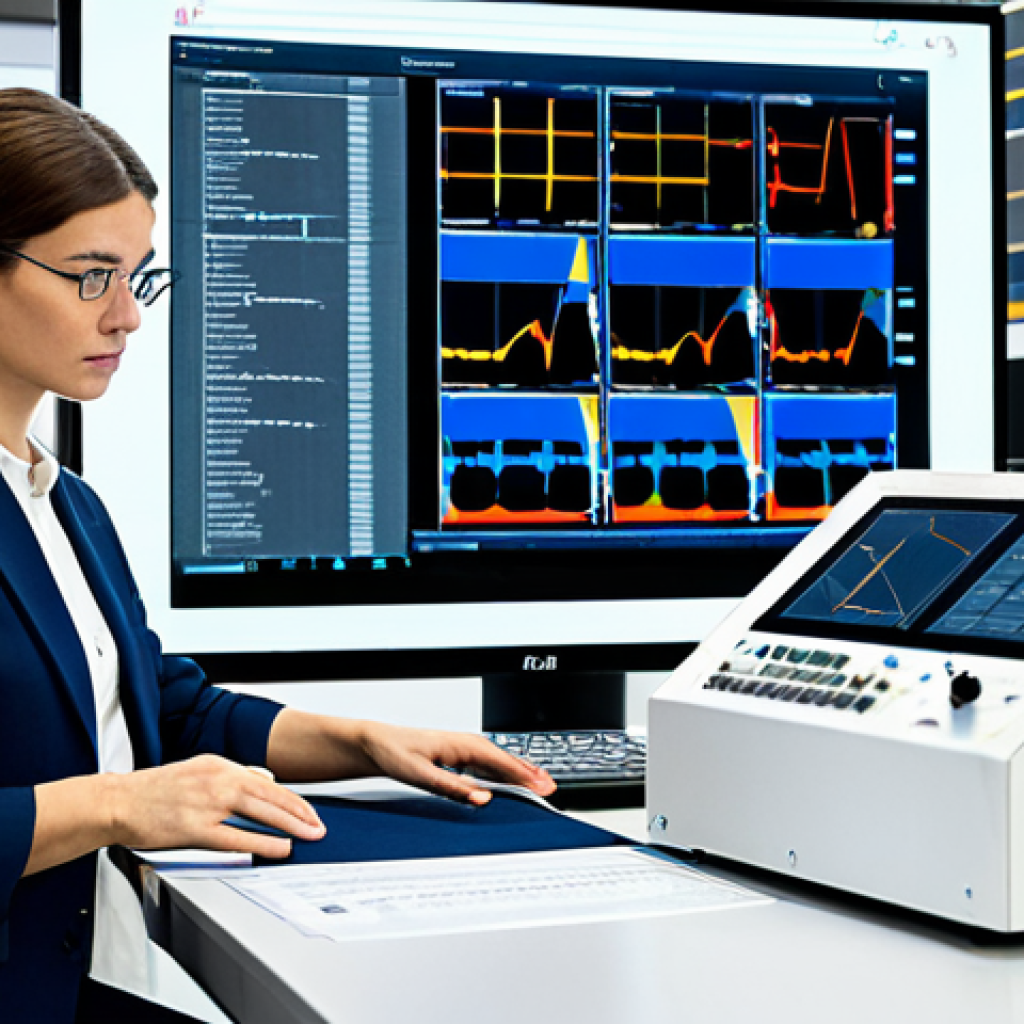 A professional textile engineer, wearing a modest business suit, deeply focused on analyzing complex data and fabric properties on a large, high-resolution digital screen within a modern, well-lit textile research laboratory. Various textile samples, precision instruments, and technical diagrams are neatly arranged on the surrounding workstation. The engineer has a contemplative and intelligent expression, embodying critical thinking and problem-solving in advanced textile manufacturing. The environment is clean and organized, suggesting innovation. Perfect anatomy, correct proportions, natural pose, well-formed hands, proper finger count, natural body proportions. Fully clothed, appropriate attire, professional dress, safe for work, appropriate content, professional.