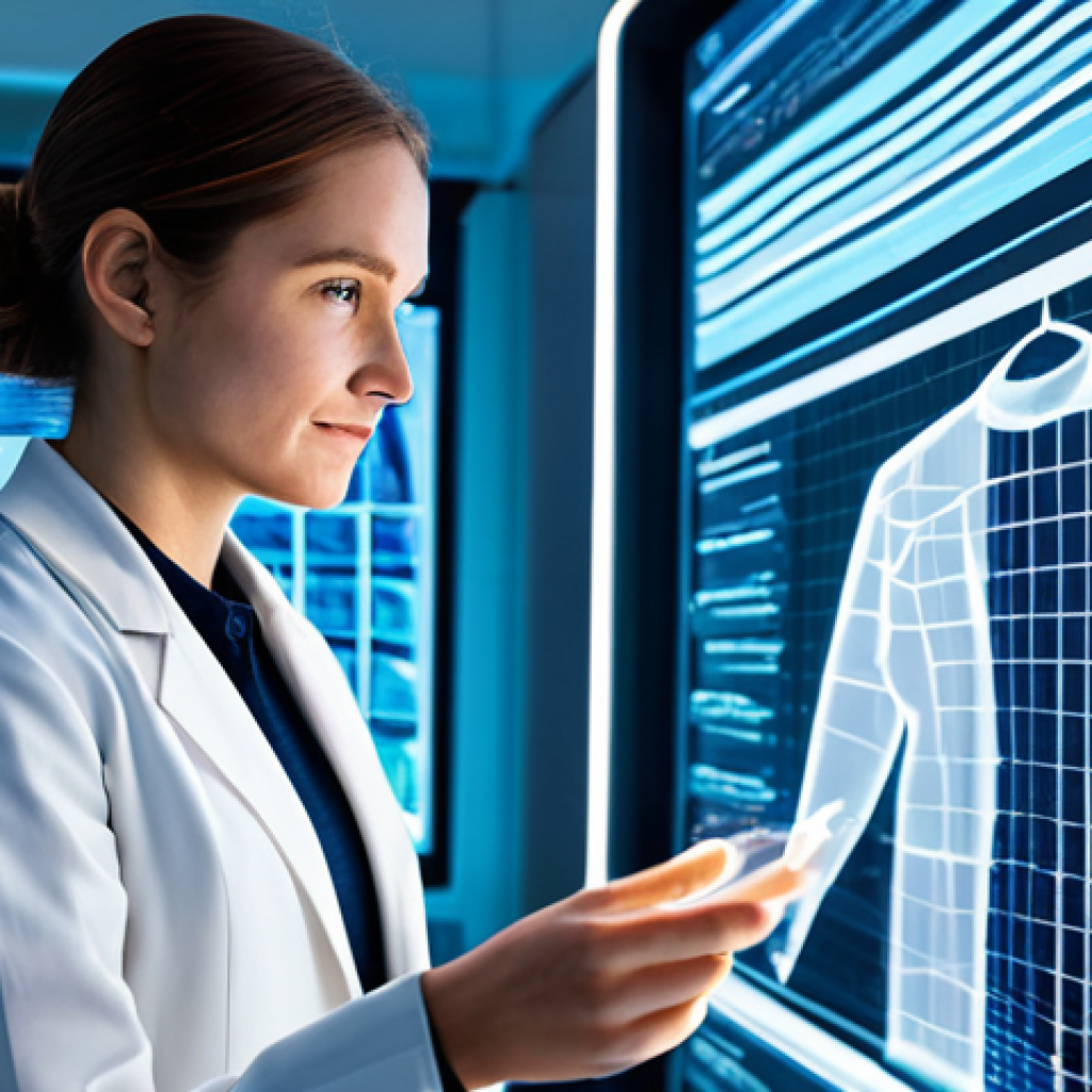 A professional textile engineer, fully clothed in a modest lab coat and smart casual attire, stands confidently in a futuristic, brightly lit textile research lab. She is interacting with a transparent holographic display showcasing complex data visualizations of fabric properties and AI-driven design patterns. On a clean workstation nearby, samples of innovative smart textiles with integrated subtle circuit patterns are visible. The scene conveys innovation and cutting-edge technology. Perfect anatomy, correct proportions, natural pose, well-formed hands, proper finger count, natural body proportions, professional photography, high quality, safe for work, appropriate content, fully clothed, professional, family-friendly.