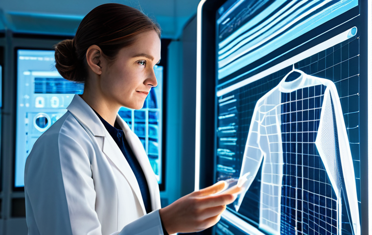 A professional textile engineer, fully clothed in a modest lab coat and smart casual attire, stands confidently in a futuristic, brightly lit textile research lab. She is interacting with a transparent holographic display showcasing complex data visualizations of fabric properties and AI-driven design patterns. On a clean workstation nearby, samples of innovative smart textiles with integrated subtle circuit patterns are visible. The scene conveys innovation and cutting-edge technology. Perfect anatomy, correct proportions, natural pose, well-formed hands, proper finger count, natural body proportions, professional photography, high quality, safe for work, appropriate content, fully clothed, professional, family-friendly.