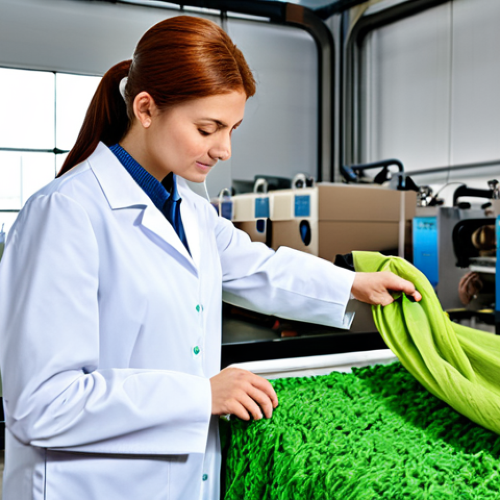 A professional engineer in a modest lab coat, fully clothed, inspecting a sample of vibrant, eco-friendly dyed fabric in a modern, clean textile factory interior. Advanced machinery in the background transforms recycled materials into luxurious textiles, highlighting sustainable production with minimal water usage. The scene conveys innovation and responsibility, safe for work, appropriate content, perfect anatomy, correct proportions, natural pose, well-formed hands, proper finger count, natural body proportions, professional photography, high quality, family-friendly.