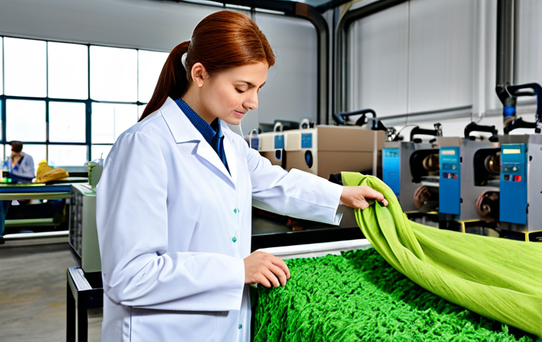 A professional engineer in a modest lab coat, fully clothed, inspecting a sample of vibrant, eco-friendly dyed fabric in a modern, clean textile factory interior. Advanced machinery in the background transforms recycled materials into luxurious textiles, highlighting sustainable production with minimal water usage. The scene conveys innovation and responsibility, safe for work, appropriate content, perfect anatomy, correct proportions, natural pose, well-formed hands, proper finger count, natural body proportions, professional photography, high quality, family-friendly.