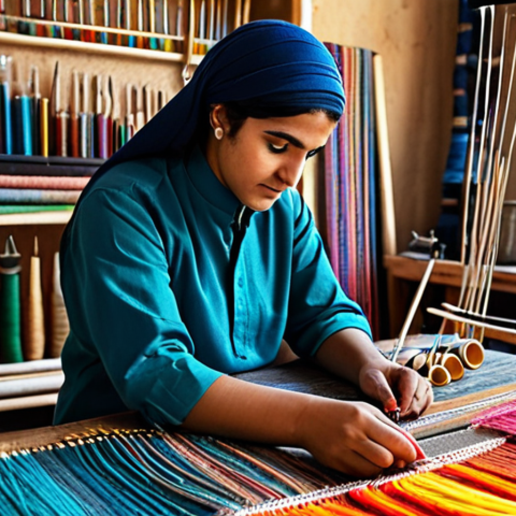 **

"A professional textile artist in a modest, traditional Arabian outfit, carefully planning a weaving project, surrounded by colorful threads and tools in a bright, organized workshop, appropriate attire, safe for work, perfect anatomy, natural proportions, family-friendly, professional photography, high quality."

**