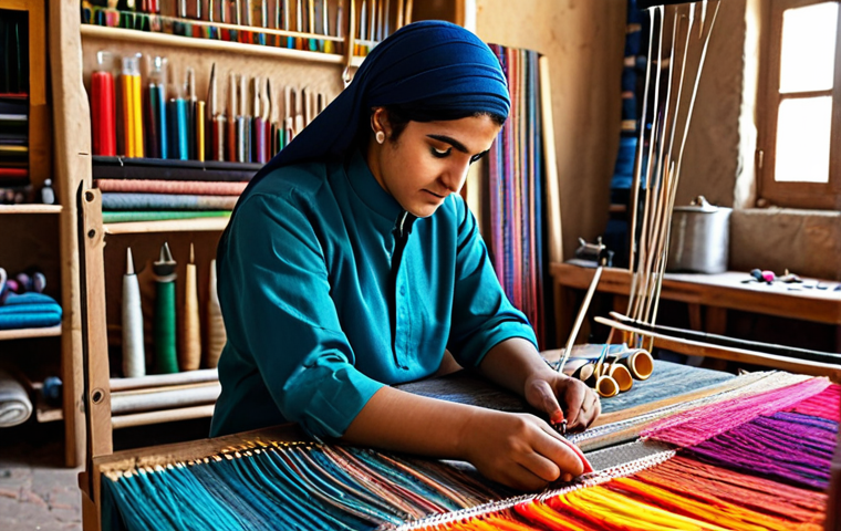 **

"A professional textile artist in a modest, traditional Arabian outfit, carefully planning a weaving project, surrounded by colorful threads and tools in a bright, organized workshop, appropriate attire, safe for work, perfect anatomy, natural proportions, family-friendly, professional photography, high quality."

**