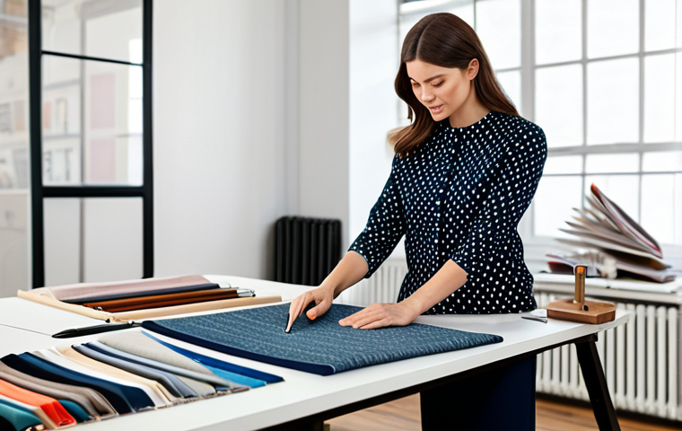 **

"A professional woman in a stylish, modest business outfit, fully clothed, working in a modern textile design studio, surrounded by fabric samples and digital design tools, safe for work, appropriate content, perfect anatomy, well-formed hands, natural light, family-friendly, professional."

**