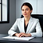 "A professional businesswoman in a modest business suit, sitting at a desk in a modern office, fully clothed, appropriate attire, safe for work, perfect anatomy, natural proportions, professional photography, high quality."