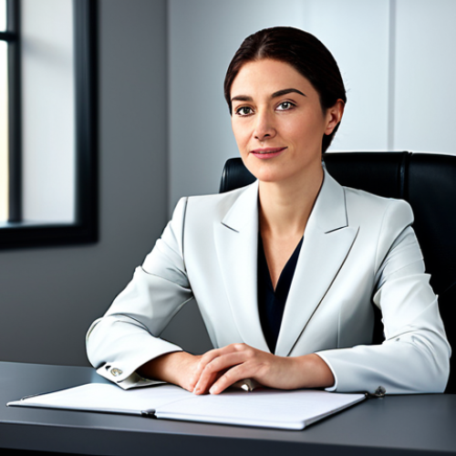 "A professional businesswoman in a modest business suit, sitting at a desk in a modern office, fully clothed, appropriate attire, safe for work, perfect anatomy, natural proportions, professional photography, high quality."