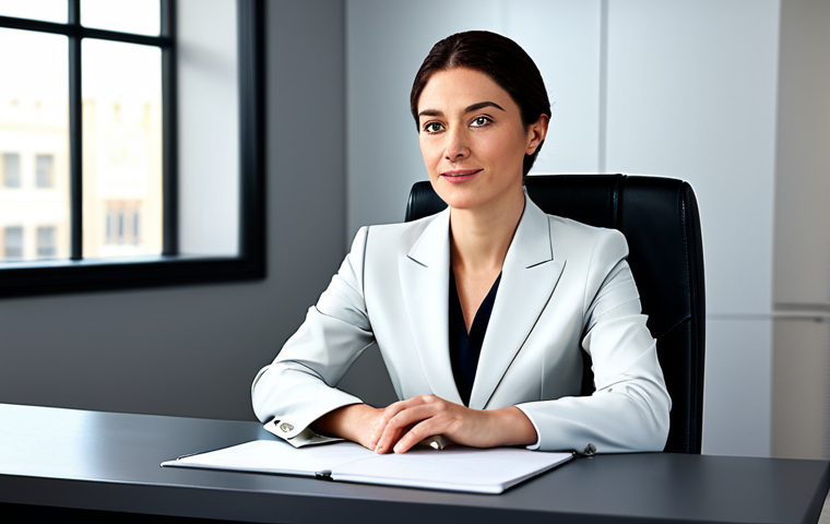 "A professional businesswoman in a modest business suit, sitting at a desk in a modern office, fully clothed, appropriate attire, safe for work, perfect anatomy, natural proportions, professional photography, high quality."