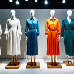 섬유기사와 친환경 섬유 - **Sustainable Fashion Showcase:** "A brightly lit display featuring mannequins dressed in fully clot...