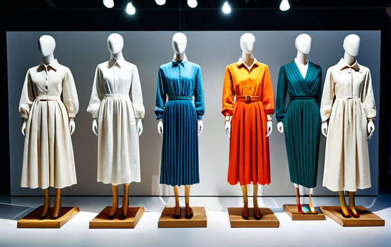 섬유기사와 친환경 섬유 - **Sustainable Fashion Showcase:** "A brightly lit display featuring mannequins dressed in fully clot...