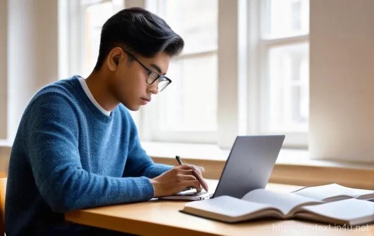 섬유기사 필기시험의 준비 단계 - **Prompt 1: Dedicated Textile Engineering Student in a Study Haven**
"A young adult, either male...