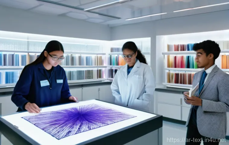 섬유기사 시험 교재 추천 - **Prompt:** "A diverse group of textile engineering students, professionally dressed in lab coats ov...