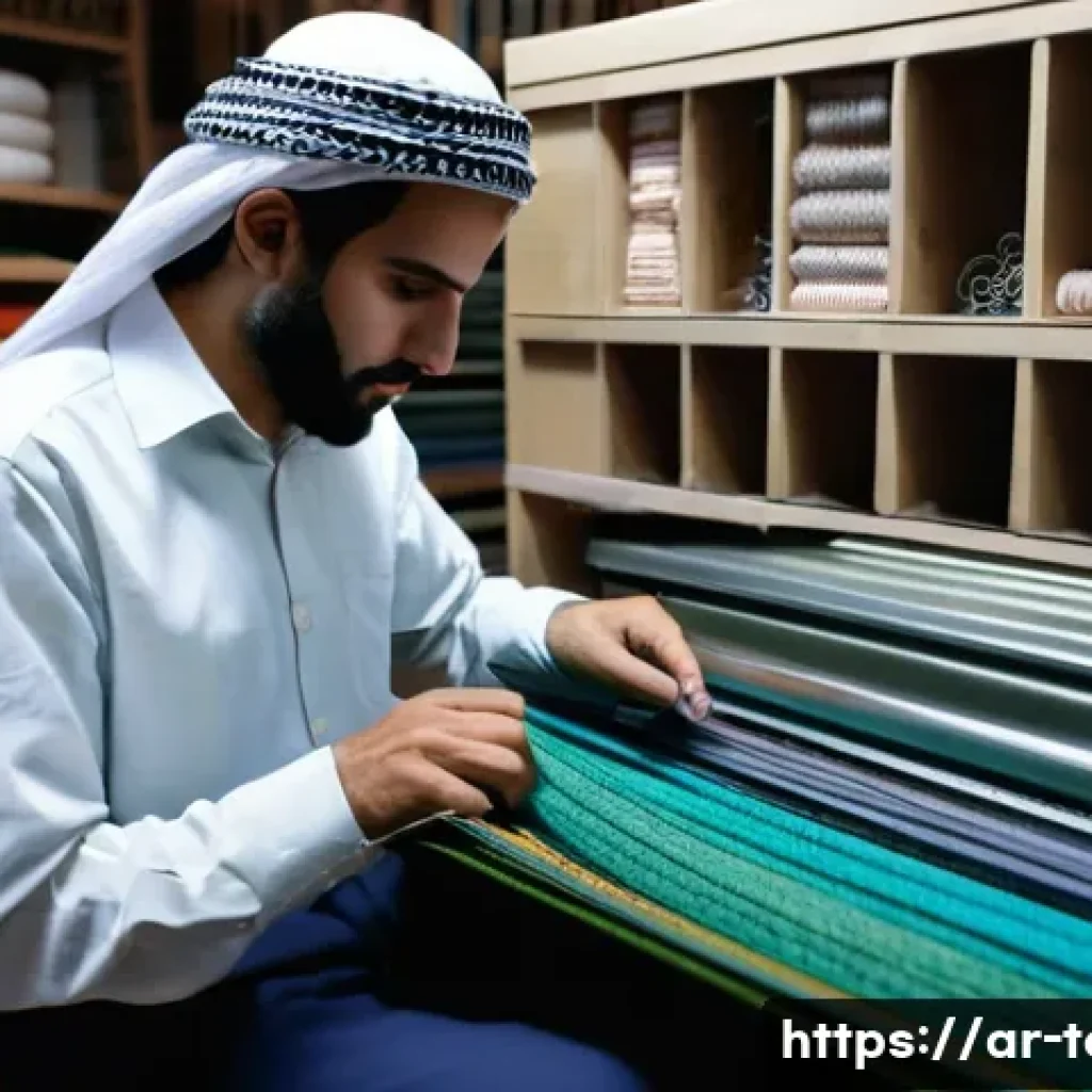섬유기사 실기시험 예상문제 - A detailed close-up scene inside a traditional Middle Eastern textile workshop, showcasing a skilled...
