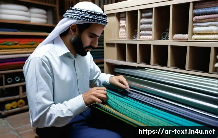 섬유기사 실기시험 예상문제 - A detailed close-up scene inside a traditional Middle Eastern textile workshop, showcasing a skilled...