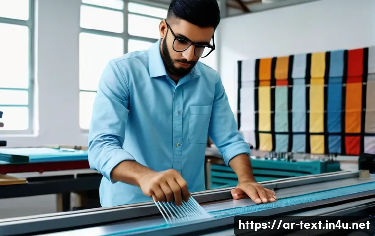 섬유기사 실기시험 대비 방법 - A focused young Arab male trainee in a modern textile workshop, wearing a light blue work shirt and ...