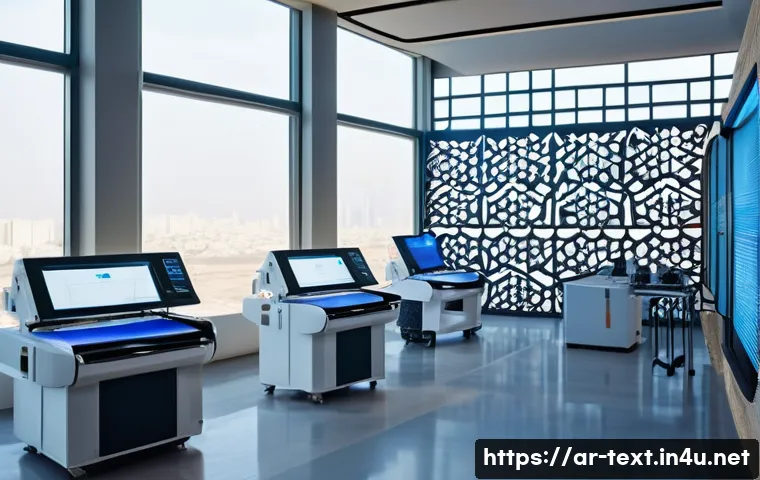 섬유기사와 섬유 제품 개발 - A futuristic textile engineer&rsquo;s laboratory in a modern Middle Eastern city, showcasing advanced 3D p...