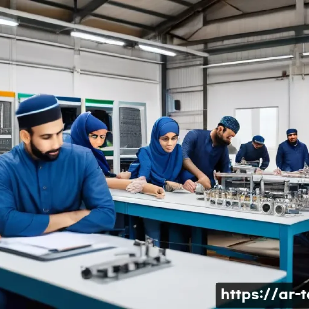 섬유기사와 직장 내 커뮤니케이션 - A detailed scene inside a modern textile workshop in an Arab country, showing a diverse team of male...