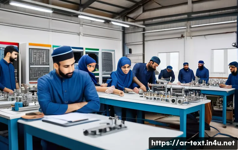 섬유기사와 직장 내 커뮤니케이션 - A detailed scene inside a modern textile workshop in an Arab country, showing a diverse team of male...