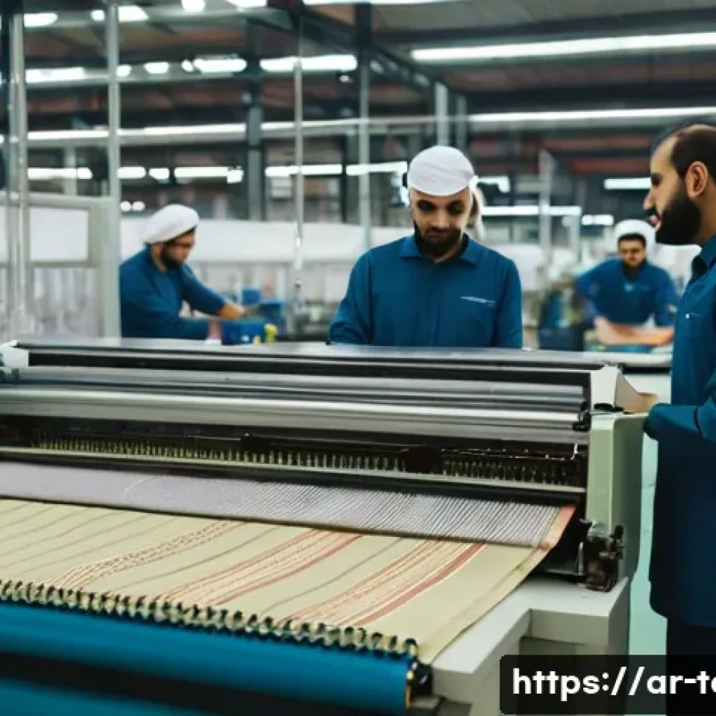 섬유기사 실무자 연봉 - A detailed scene inside a large modern textile factory in a major Middle Eastern city, showing skill...