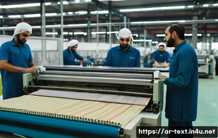 섬유기사 실무자 연봉 - A detailed scene inside a large modern textile factory in a major Middle Eastern city, showing skill...