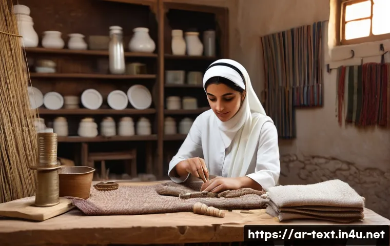 섬유기사 필기시험 기출문제 - A detailed educational scene inside a traditional Middle Eastern textile workshop, featuring skilled...