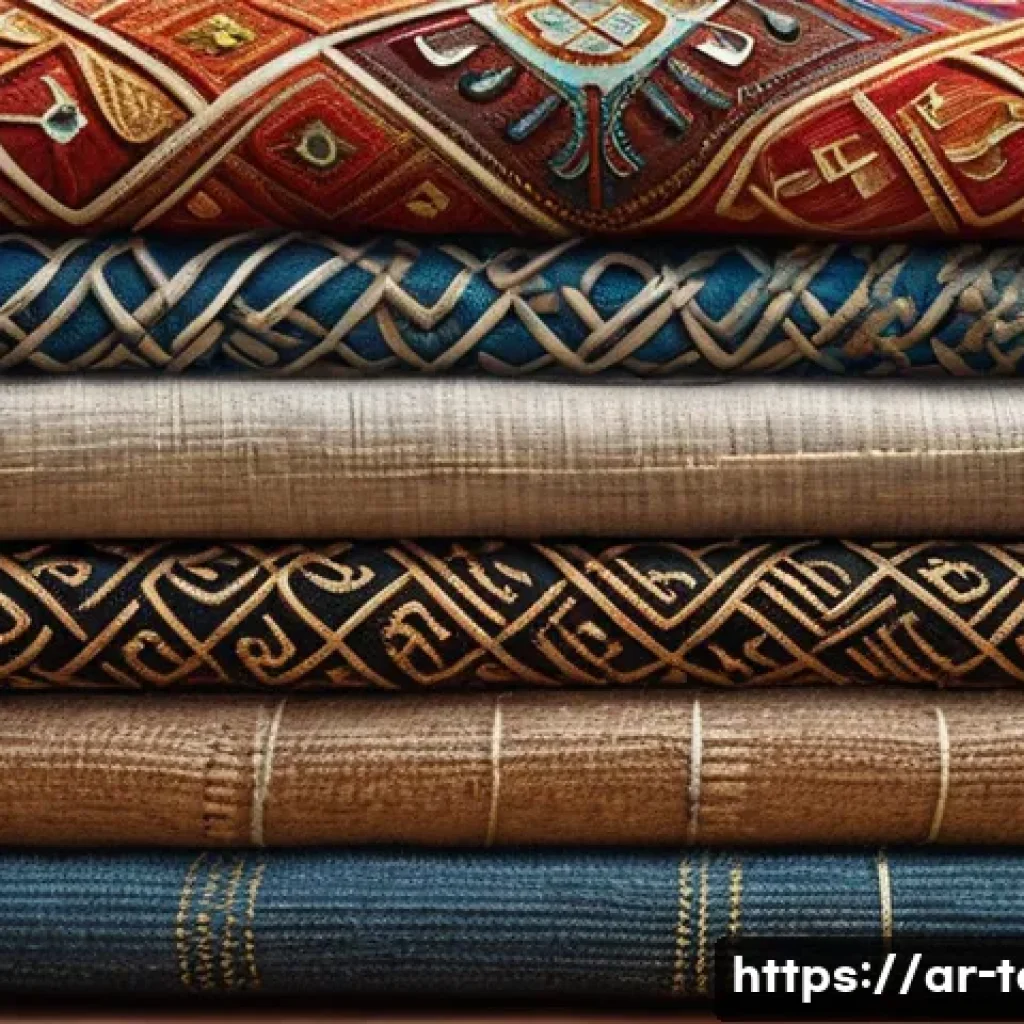 섬유기사 필기시험 예상문제 - A detailed illustration of various textile fibers laid out on a traditional Middle Eastern wooden ta...