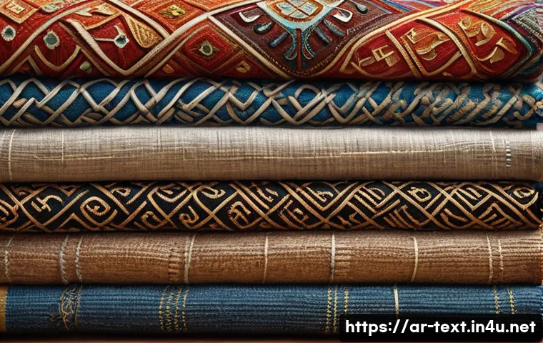 섬유기사 필기시험 예상문제 - A detailed illustration of various textile fibers laid out on a traditional Middle Eastern wooden ta...