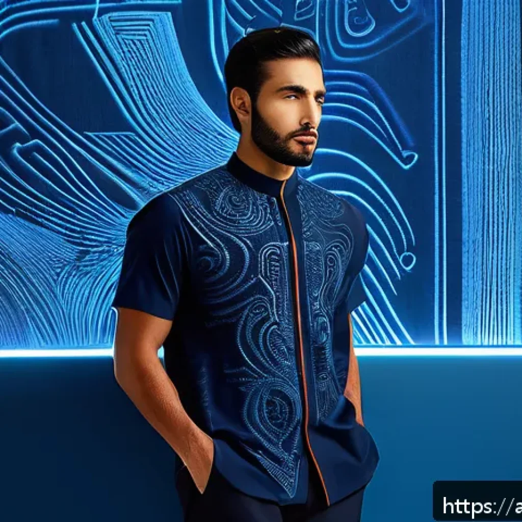 섬유기사 최신 기술 동향 - A futuristic interactive fabric shirt designed for a Middle Eastern man, featuring embedded electron...