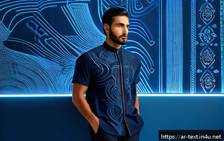 섬유기사 최신 기술 동향 - A futuristic interactive fabric shirt designed for a Middle Eastern man, featuring embedded electron...
