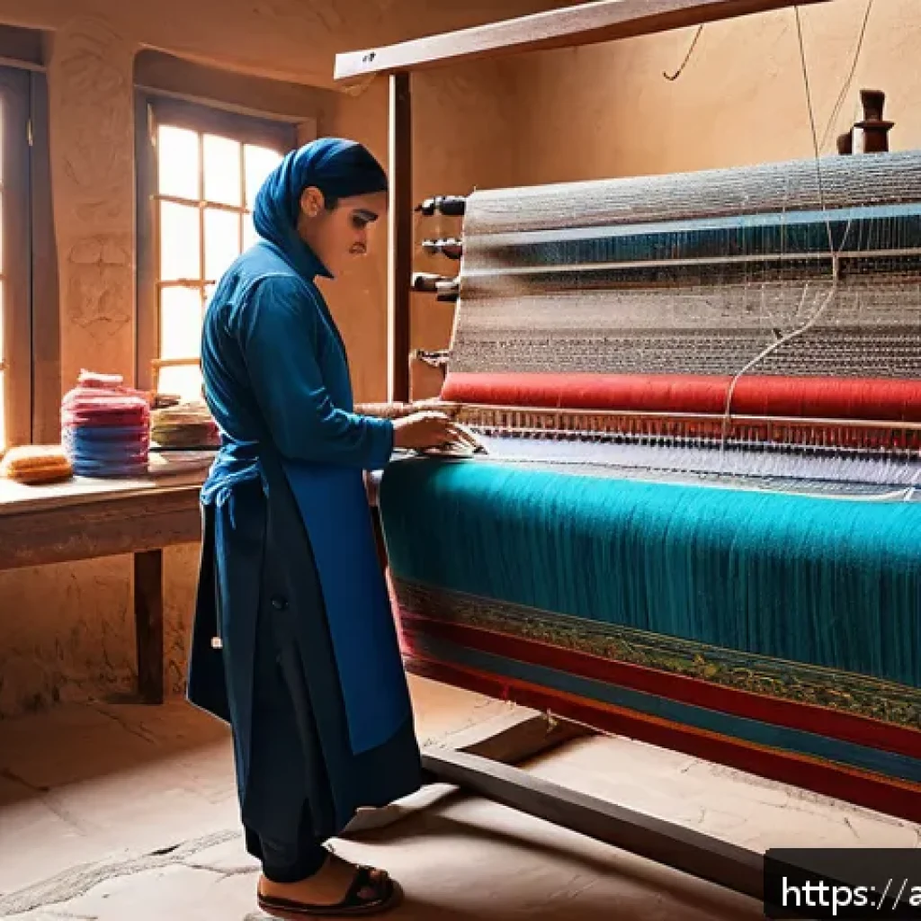 섬유기사 합격률 분석 - A detailed scene inside a traditional Middle Eastern textile workshop, featuring a skilled technicia...