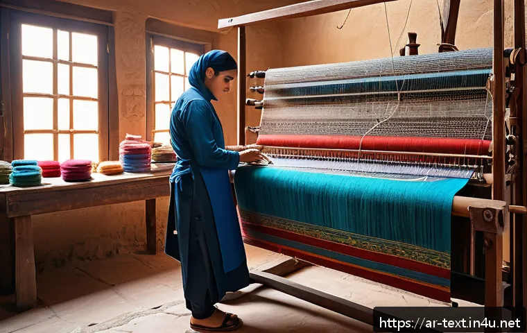 섬유기사 합격률 분석 - A detailed scene inside a traditional Middle Eastern textile workshop, featuring a skilled technicia...