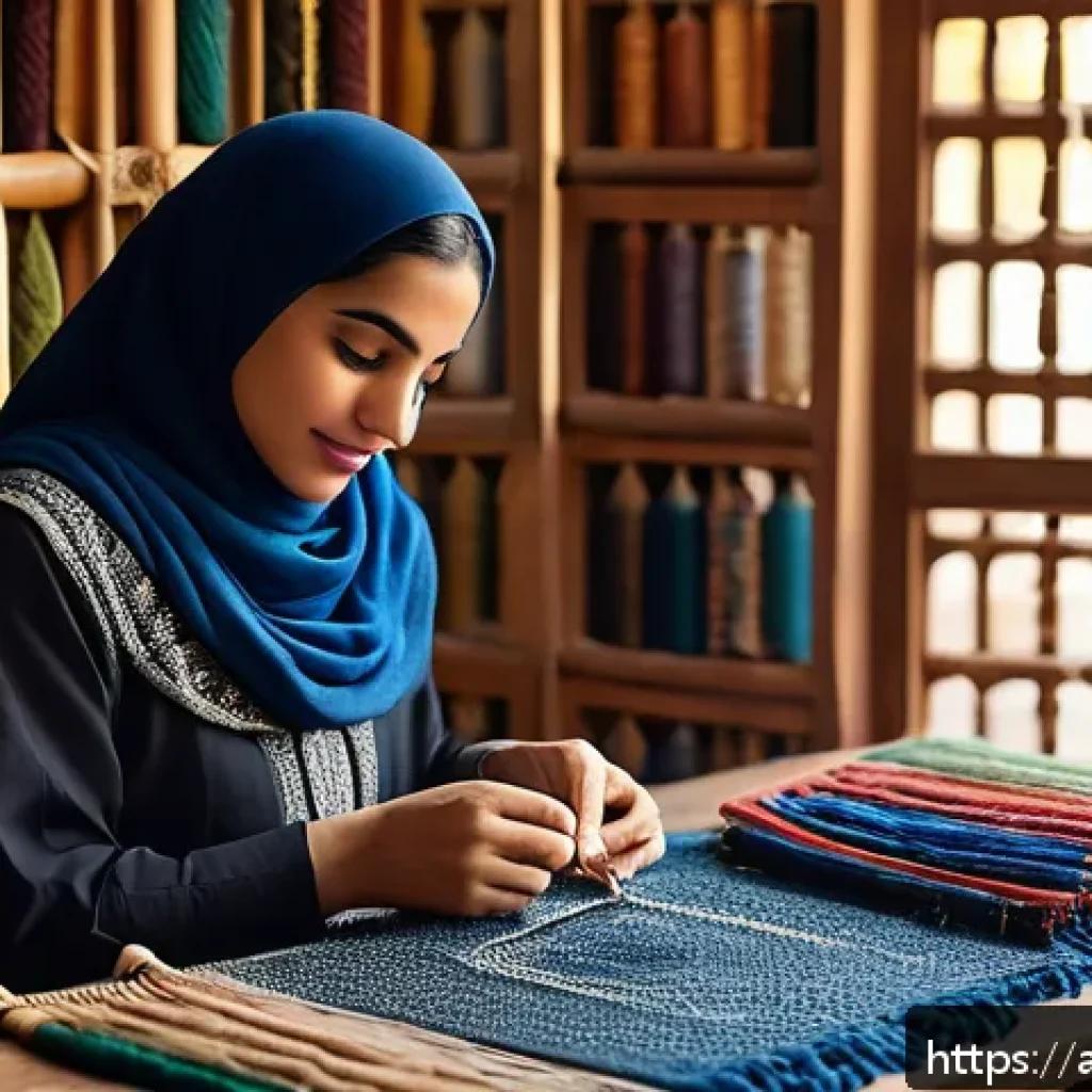 섬유기사 실기시험 준비법 - A detailed, culturally authentic Arabic textile workshop scene featuring an artisan woman in modest ...