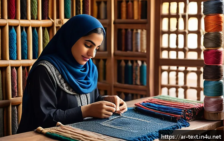 섬유기사 실기시험 준비법 - A detailed, culturally authentic Arabic textile workshop scene featuring an artisan woman in modest ...