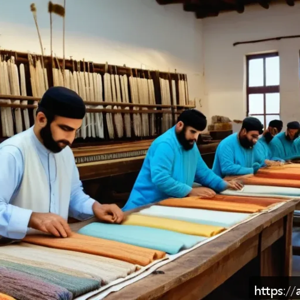섬유기사 시험 준비 성공 사례 - A detailed scene inside a traditional Middle Eastern textile workshop filled with natural fiber mate...