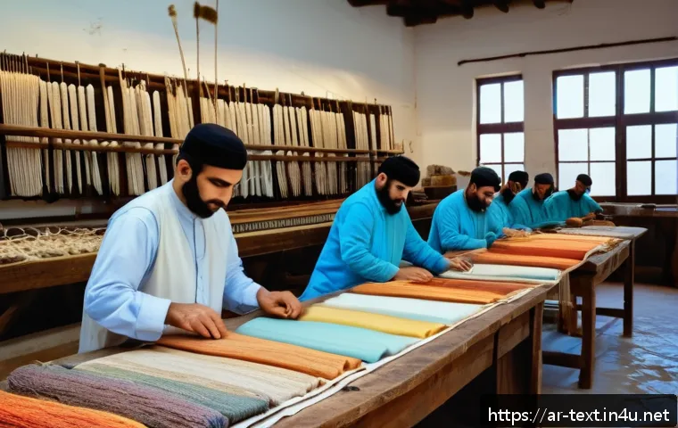 섬유기사 시험 준비 성공 사례 - A detailed scene inside a traditional Middle Eastern textile workshop filled with natural fiber mate...