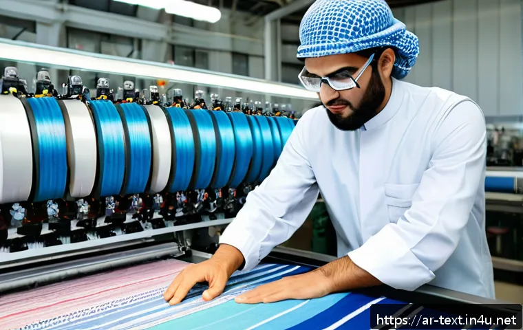 섬유기사 자격증 취득 후 커리어 패스 - A modern textile workshop scene showing an Arab male technician wearing a professional uniform and s...