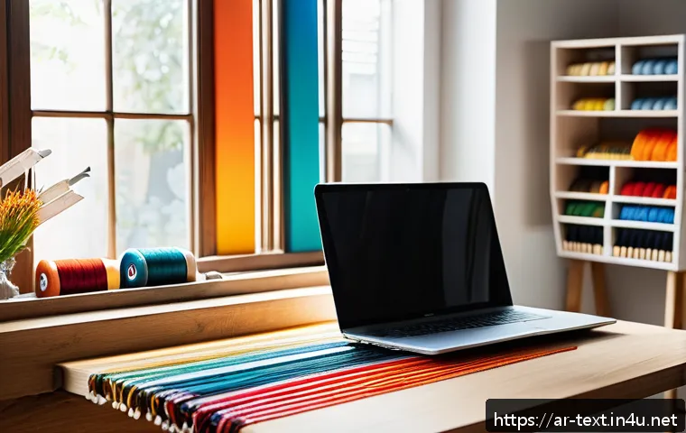 섬유기사 실기 시험 준비 툴 - A professional workspace for practical weaving skill training in a bright, well-organized home studi...