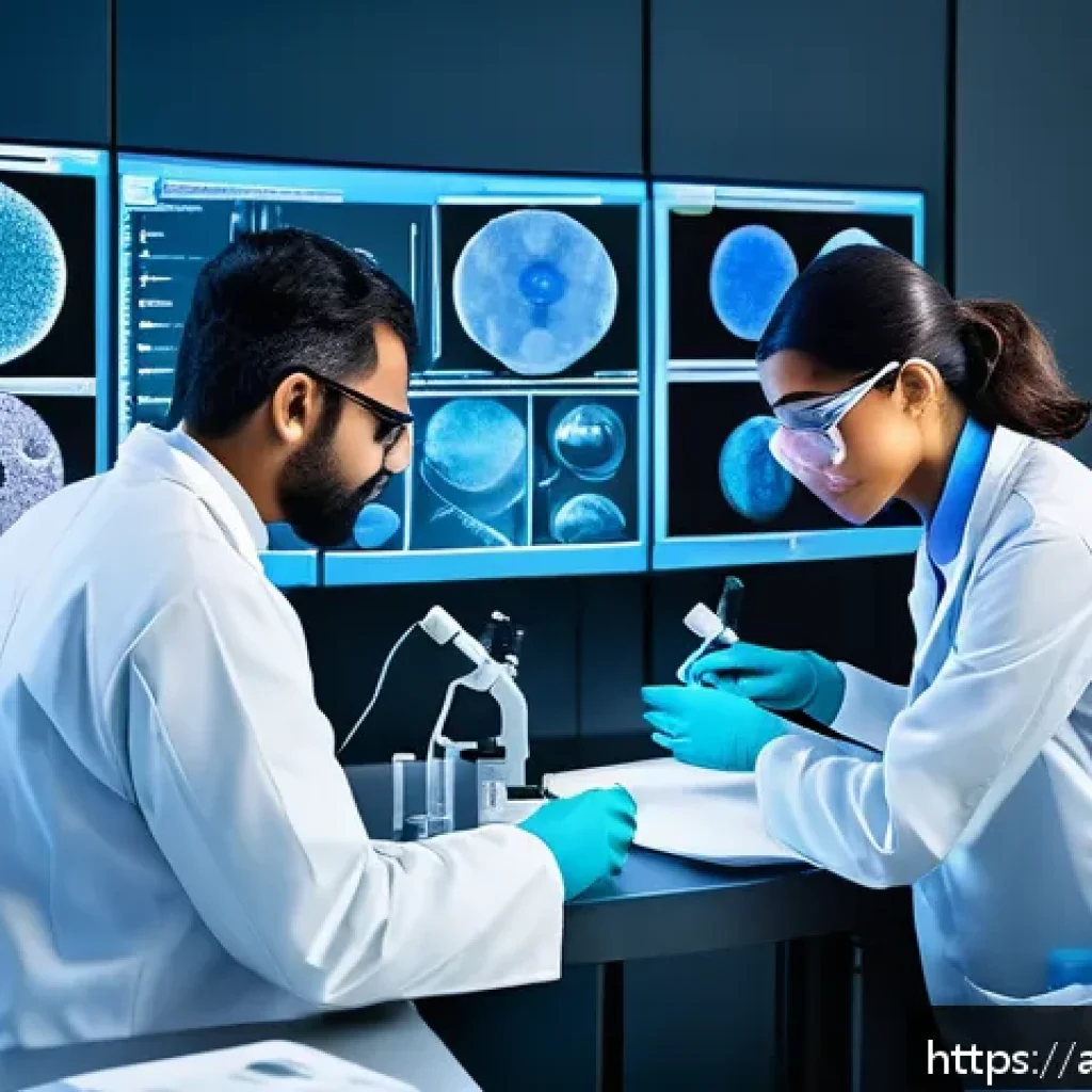 섬유기사와 실기시험의 중요성 - A modern laboratory scene featuring an Arab male and female technician wearing professional lab coat...