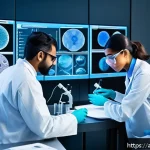 Home 22 섬유기사와 실기시험의 중요성 - A modern laboratory scene featuring an Arab male and female technician wearing professional lab coat...