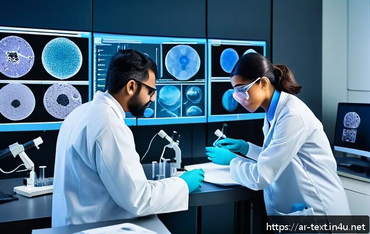 섬유기사와 실기시험의 중요성 - A modern laboratory scene featuring an Arab male and female technician wearing professional lab coat...